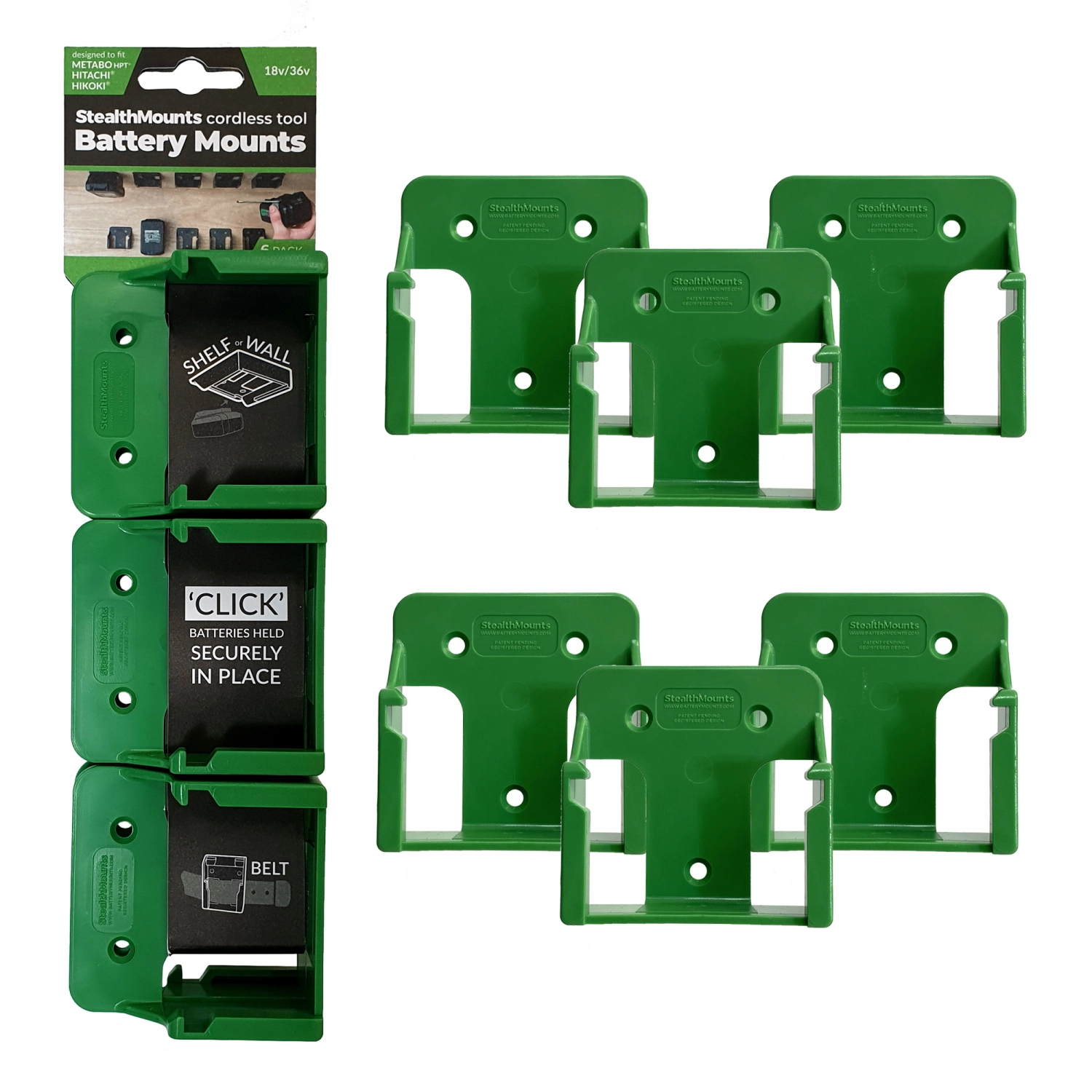 StealthMounts batterijhouders voor Hikoki/Hitachi accu's 18V/36V - groen (6 stuks)